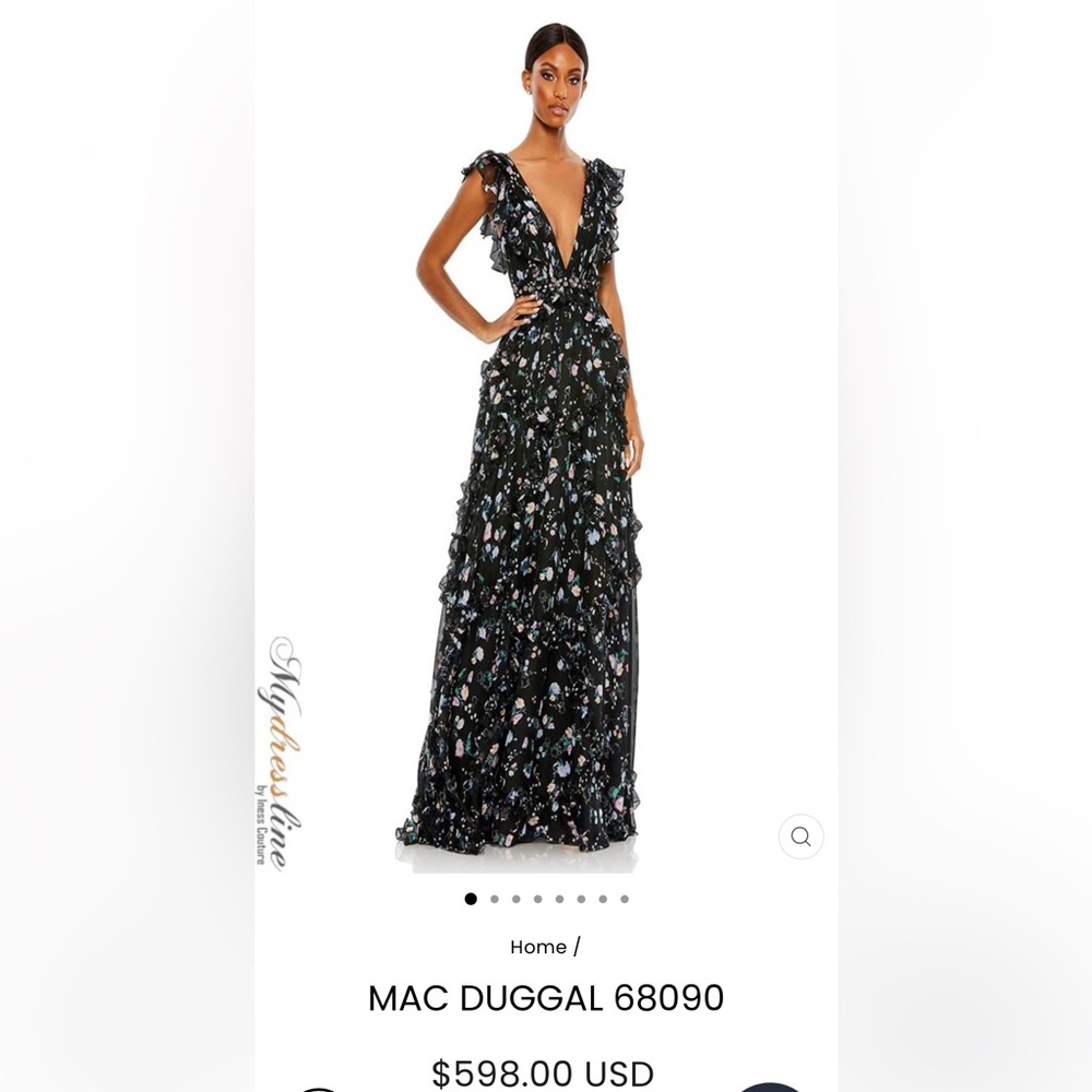 Mac Duggal Black Floral V-Neck Ruffled Maxi Gown